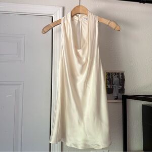 VERRE cream champagne silk high neck sleeveless cowl draped cropped top tank